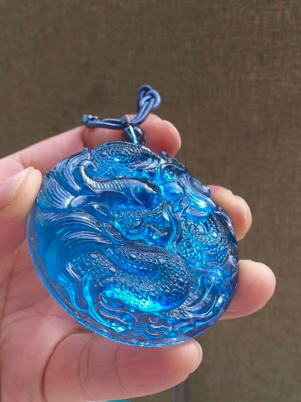 A0438 Beautiful Natural Aquamarine Carved Fortune Dragon Pendant