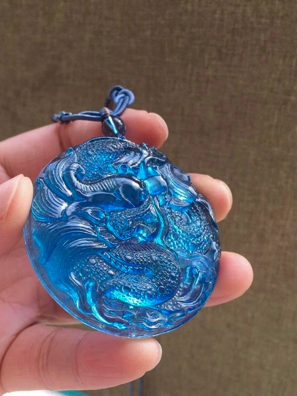 A0438 Beautiful Natural Aquamarine Carved Fortune Dragon Pendant