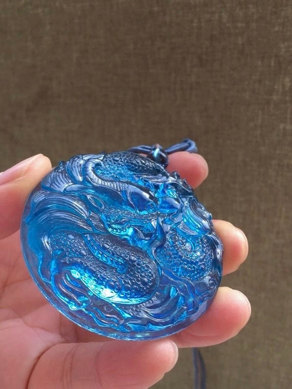 A0438 Beautiful Natural Aquamarine Carved Fortune Dragon Pendant