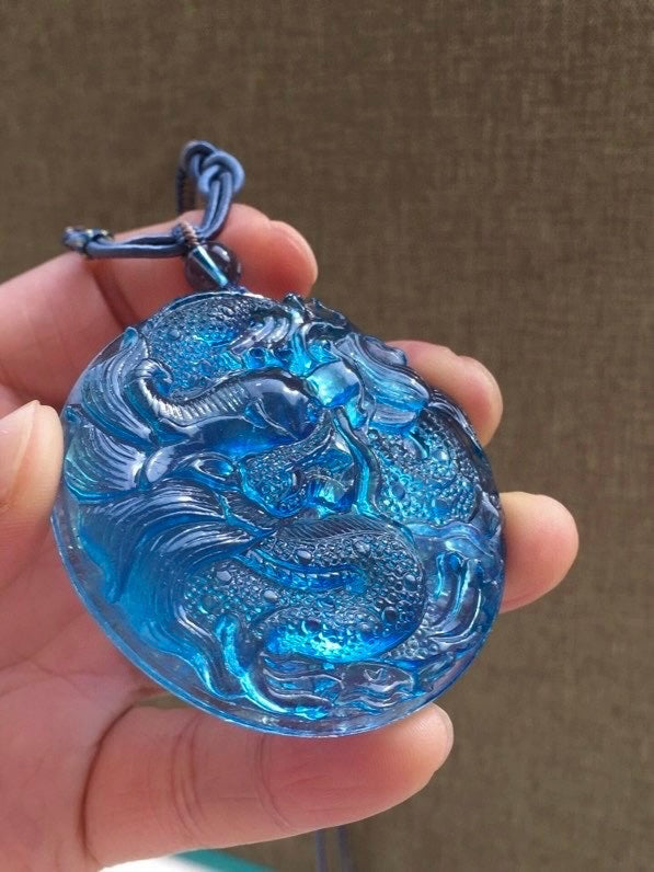 A0438 Beautiful Natural Aquamarine Carved Fortune Dragon Pendant