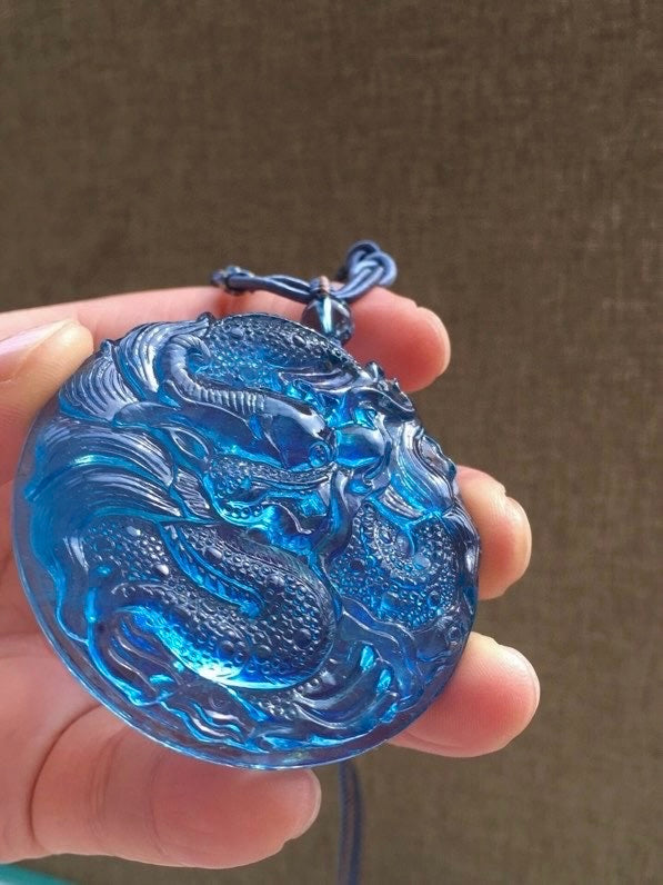 A0438 Beautiful Natural Aquamarine Carved Fortune Dragon Pendant