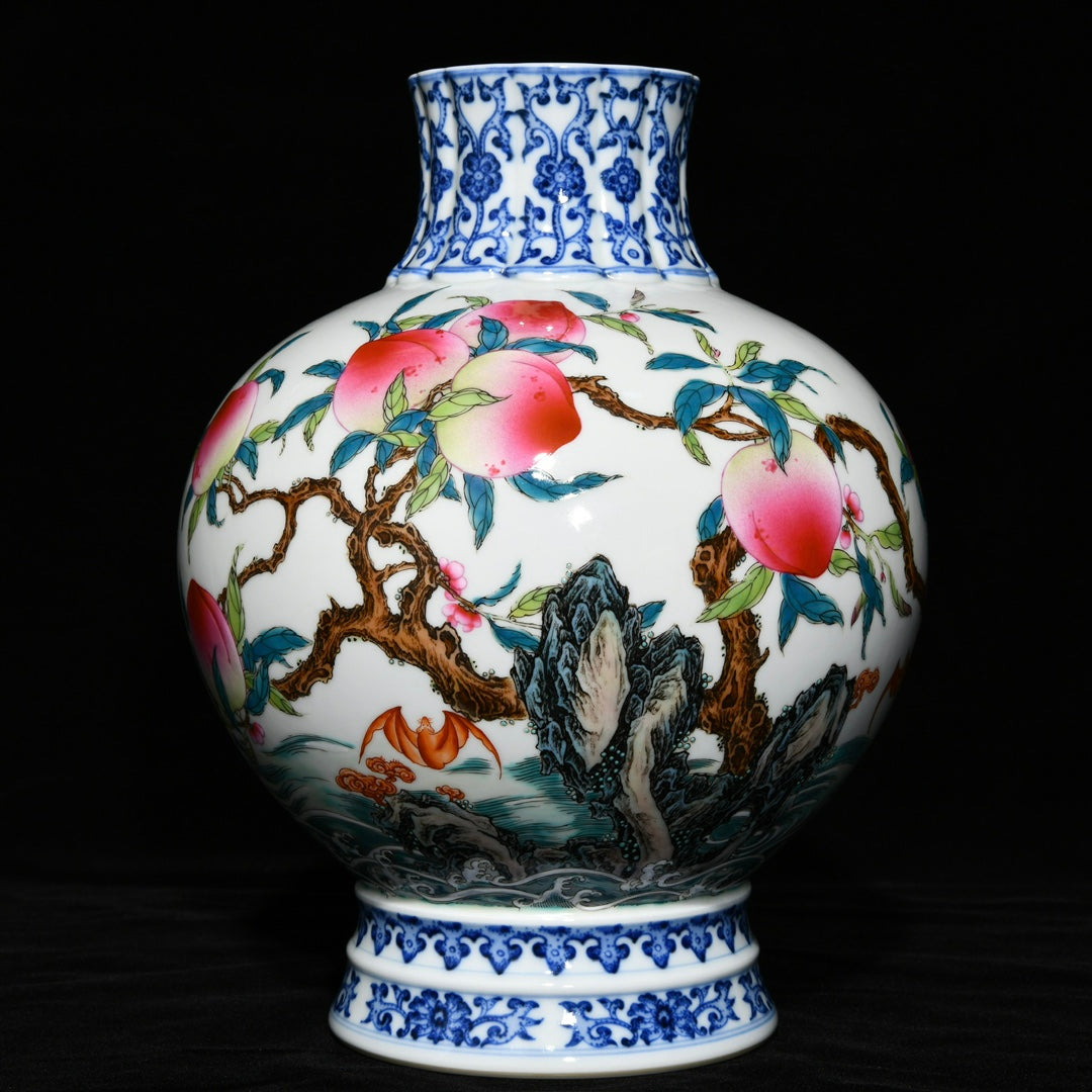 A0439 Chinese Famille Rose & Blue And White Porcelain Peach & Bat Design Vase