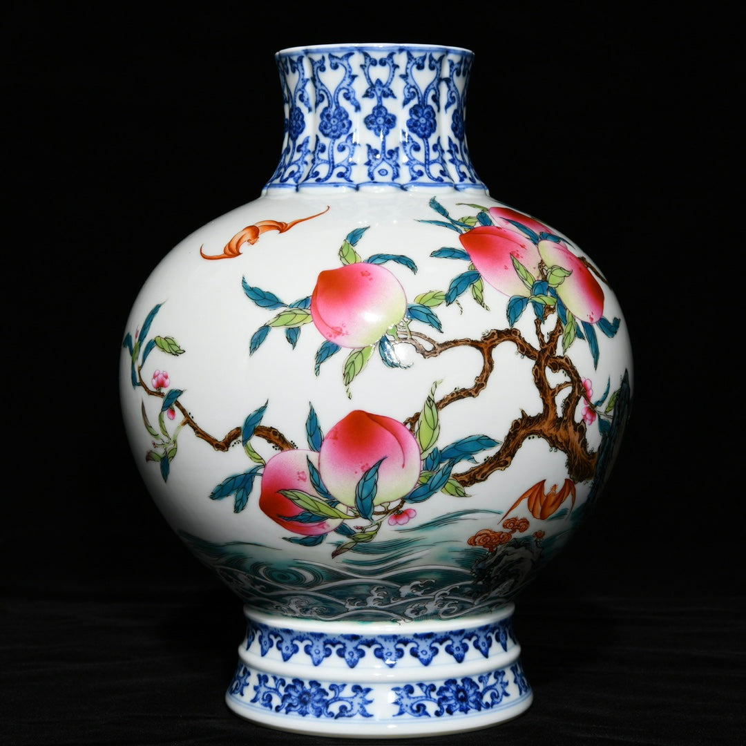 A0439 Chinese Famille Rose & Blue And White Porcelain Peach & Bat Design Vase