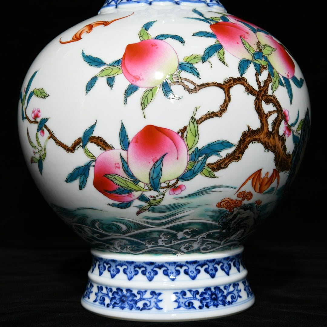 A0439 Chinese Famille Rose & Blue And White Porcelain Peach & Bat Design Vase