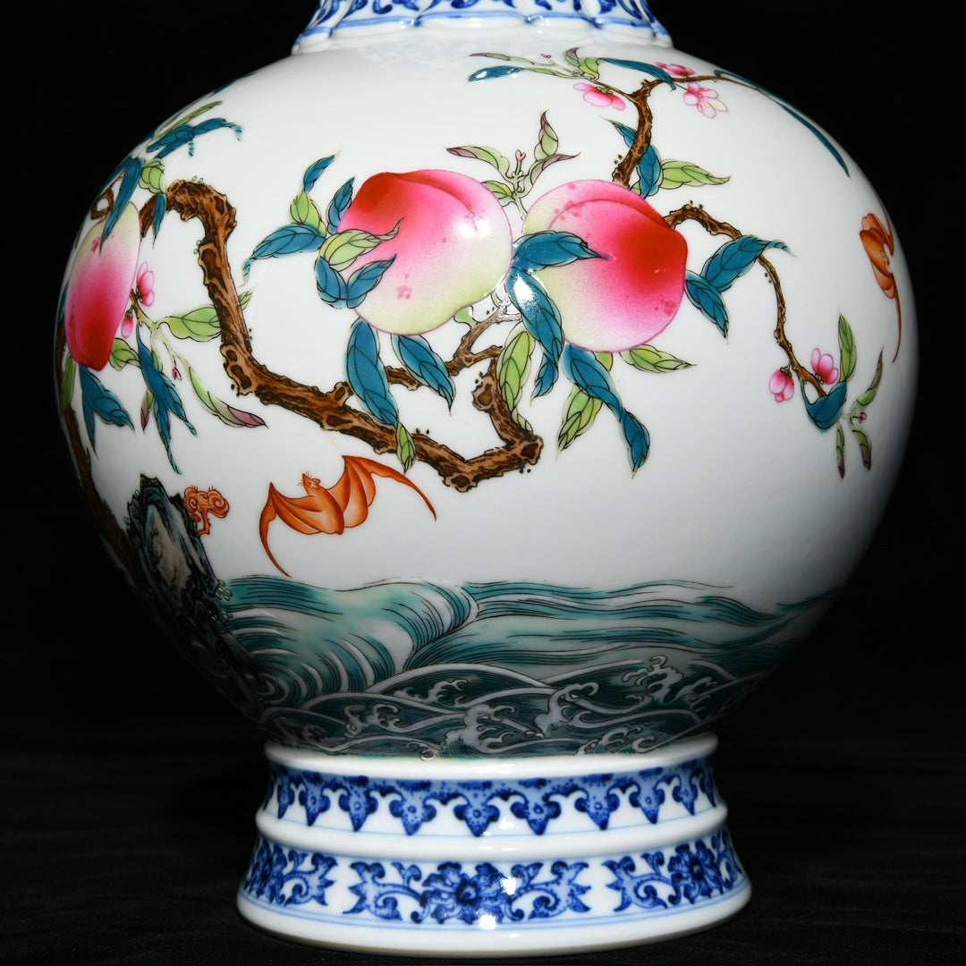 A0439 Chinese Famille Rose & Blue And White Porcelain Peach & Bat Design Vase