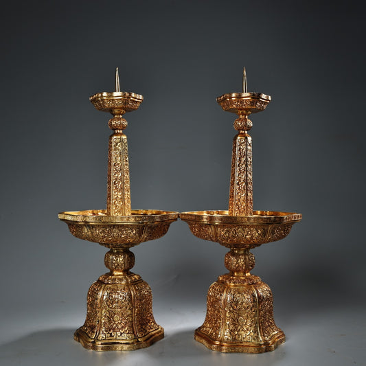 A0442 A Pair Vintage Chinese Gilt Gold Copper Low Relief Flower Design Candlestick