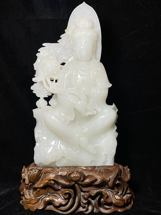 A0443 Superb Chinese Natural Hetian Jade Lotus Flower Kwan-yin Statue