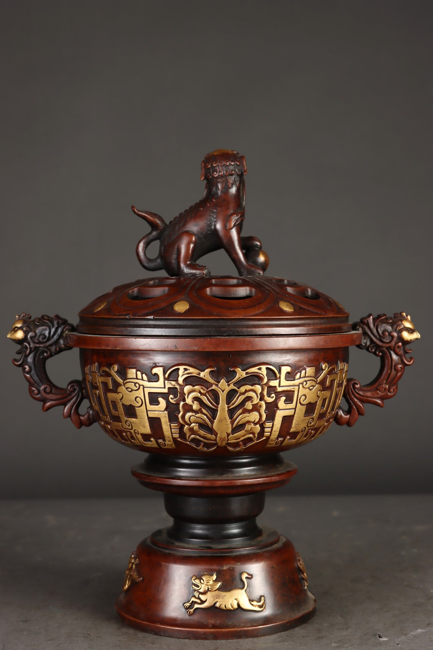 A0449 Chinese Ming Dynasty Gilt Gold Copper Low Relief Chi Dragon Design Double Ears Incense Burner