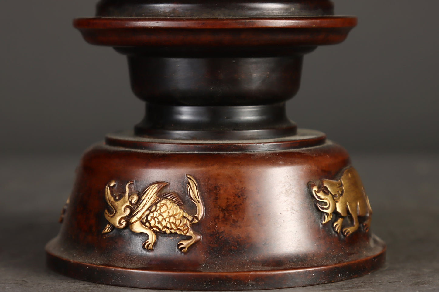 A0449 Chinese Ming Dynasty Gilt Gold Copper Low Relief Chi Dragon Design Double Ears Incense Burner