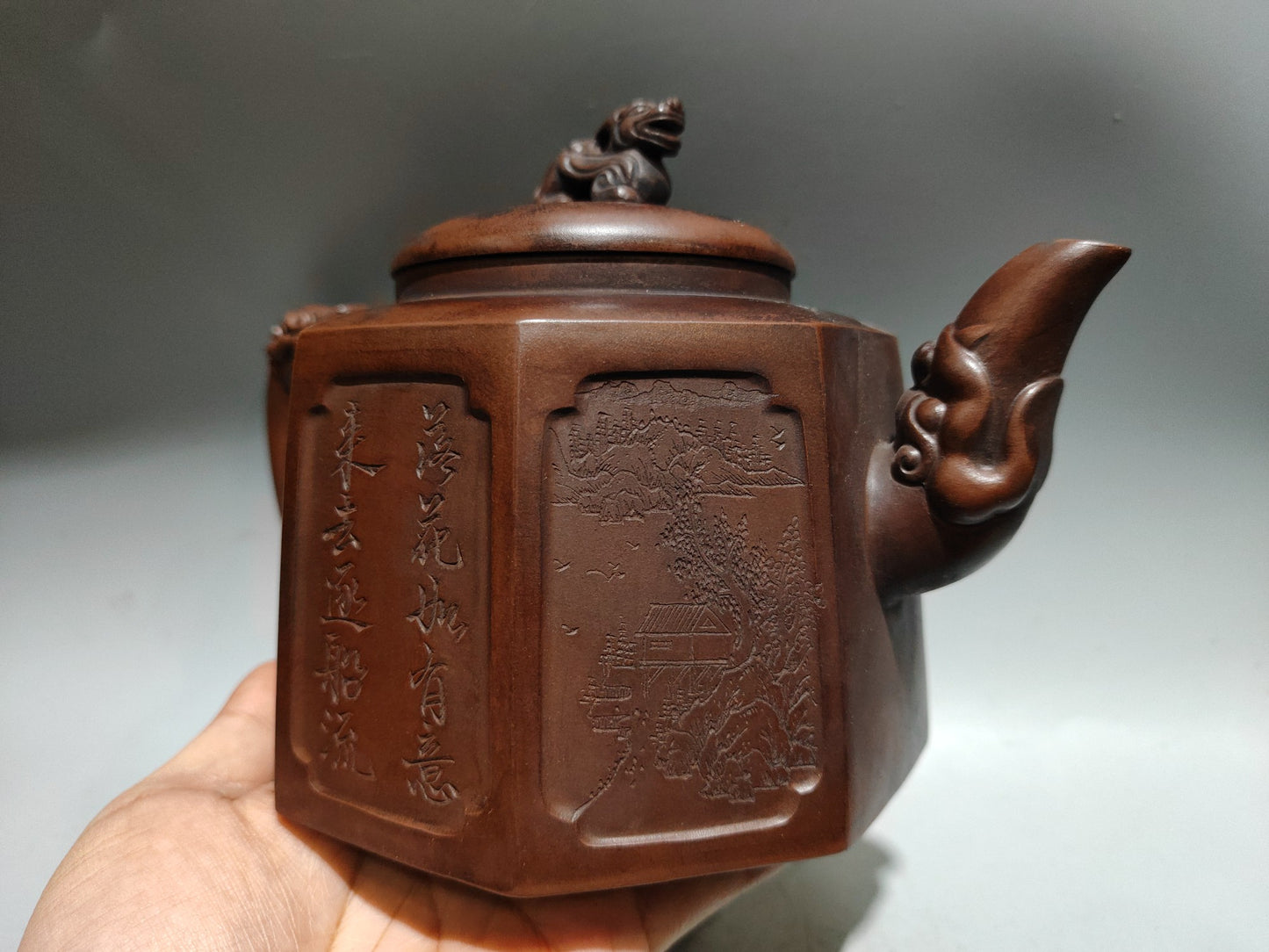 A0451 Vintae Chinese Yixing Zisha Clay Bamboo Design Dragon Head Teapot w Artist Signed