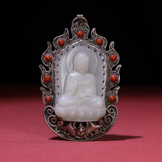 A0453 Vintage Chinese Pure Silver Inlay Red Agate & White Hetian Jade Buddha Pendant