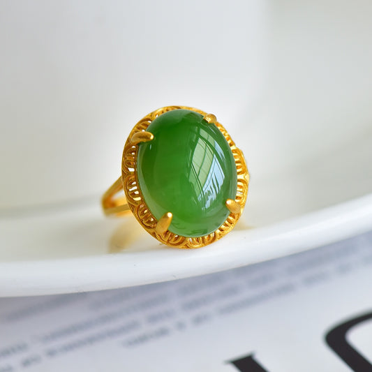 A0460 Chinese Gilt Gold Silver Inlay Green Jade Ring