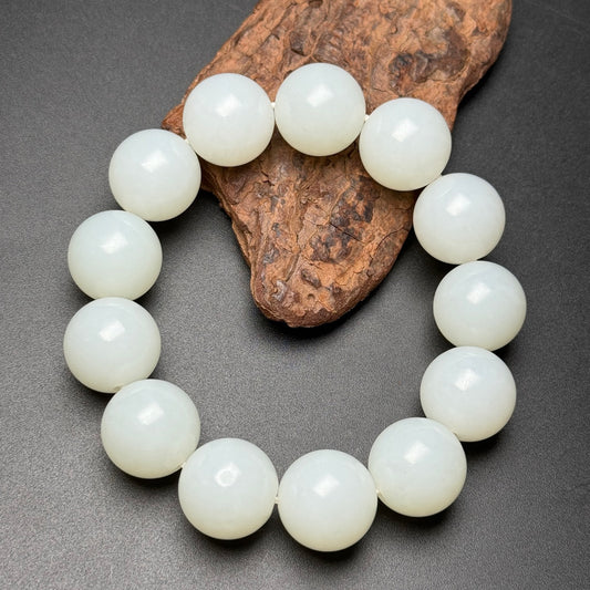 A0461 17MM Bead Chinese Natural White Hetian Jade Beads Bracelet