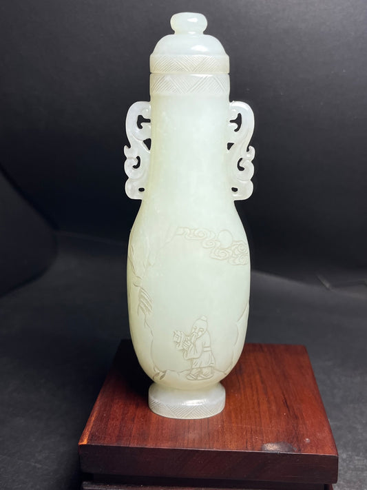 A0463 Old Chinese Hetian Jade Low Relief Visit Friend In Remote Mountains Double Ears Bottle