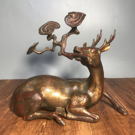 A0464 Vintage Chinese Gilt Gold Bronze Ruyi Deer Statue