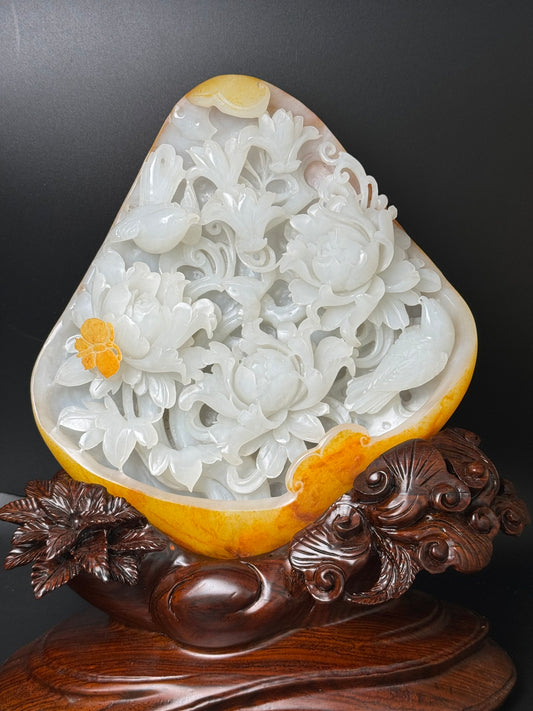 A0465 Chinese Natural Hetian Jade Original Stone Carved Peony & Bird Design Statue