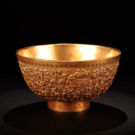 A0466 Old Chinese Gilt Gold Bronze Low Relief Kid Design Bowl