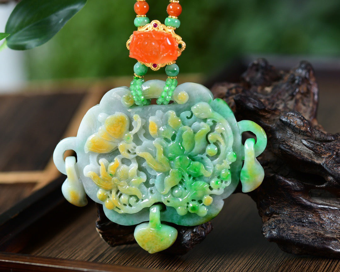 A0536 Exquisite Jadeite Carved Butterfly & Peony Pendant w Hand Woven Beads Neckalce
