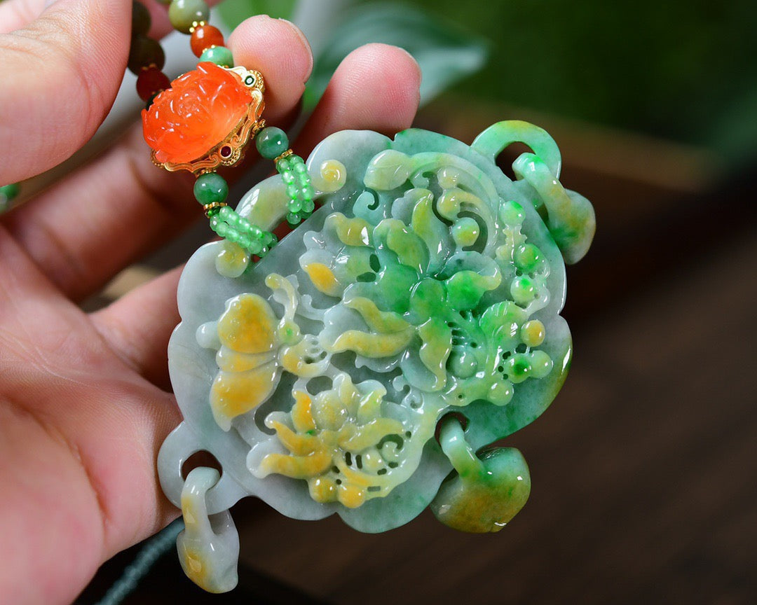 A0536 Exquisite Jadeite Carved Butterfly & Peony Pendant w Hand Woven Beads Neckalce