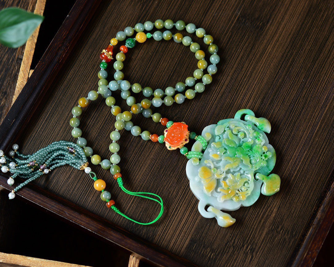 A0536 Exquisite Jadeite Carved Butterfly & Peony Pendant w Hand Woven Beads Neckalce