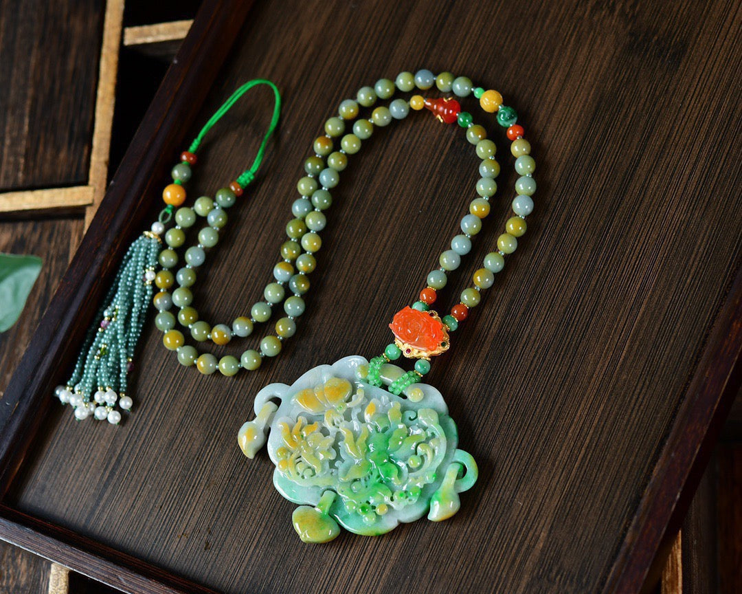 A0536 Exquisite Jadeite Carved Butterfly & Peony Pendant w Hand Woven Beads Neckalce