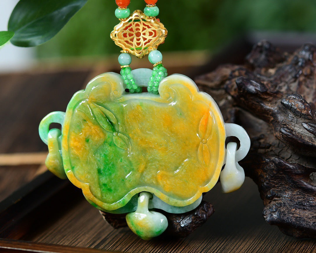 A0536 Exquisite Jadeite Carved Butterfly & Peony Pendant w Hand Woven Beads Neckalce
