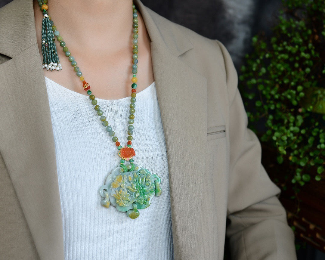 A0536 Exquisite Jadeite Carved Butterfly & Peony Pendant w Hand Woven Beads Neckalce