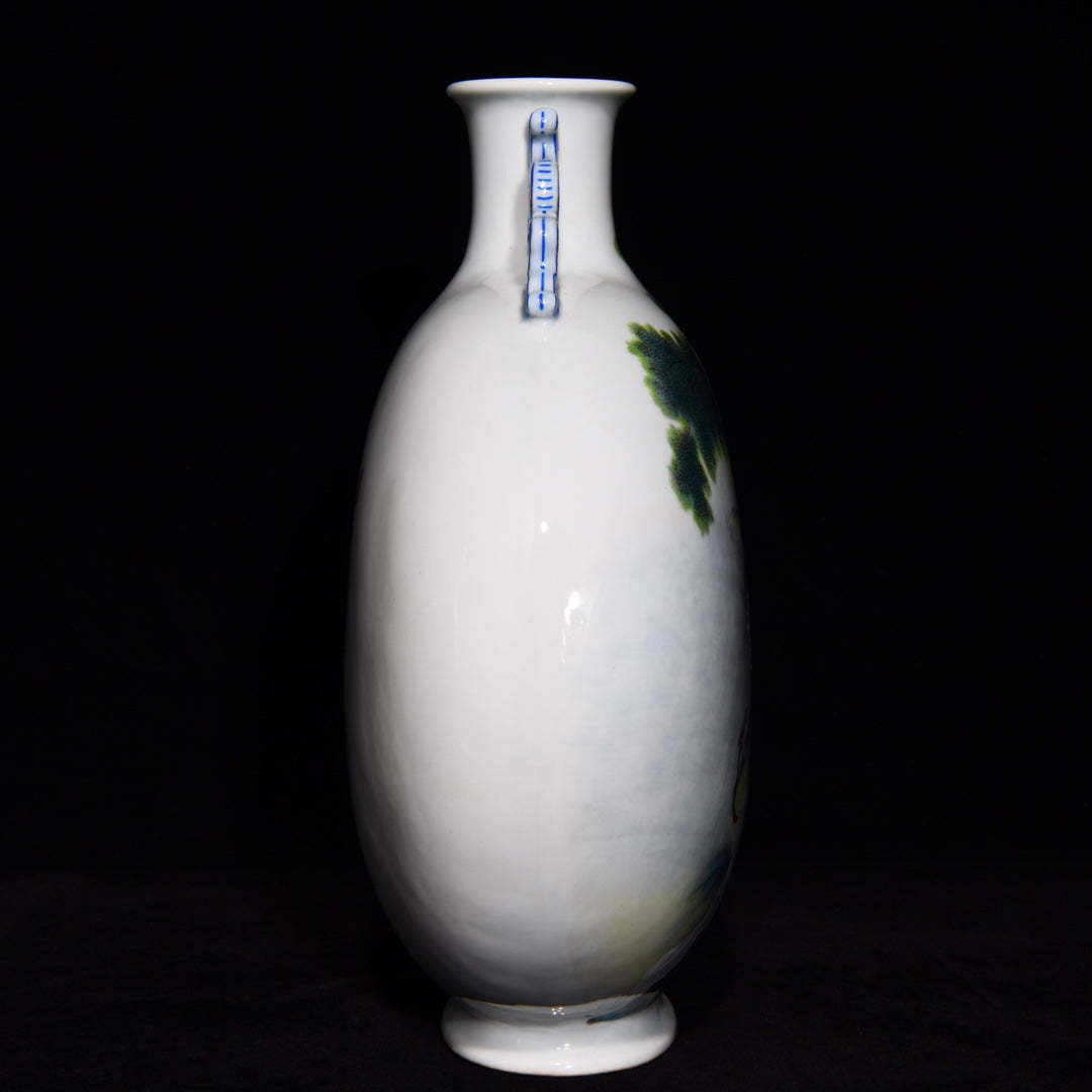 A0537 Chinese Famille Rose Pine Tree & Crane Design Double Ears Porcelain Vase