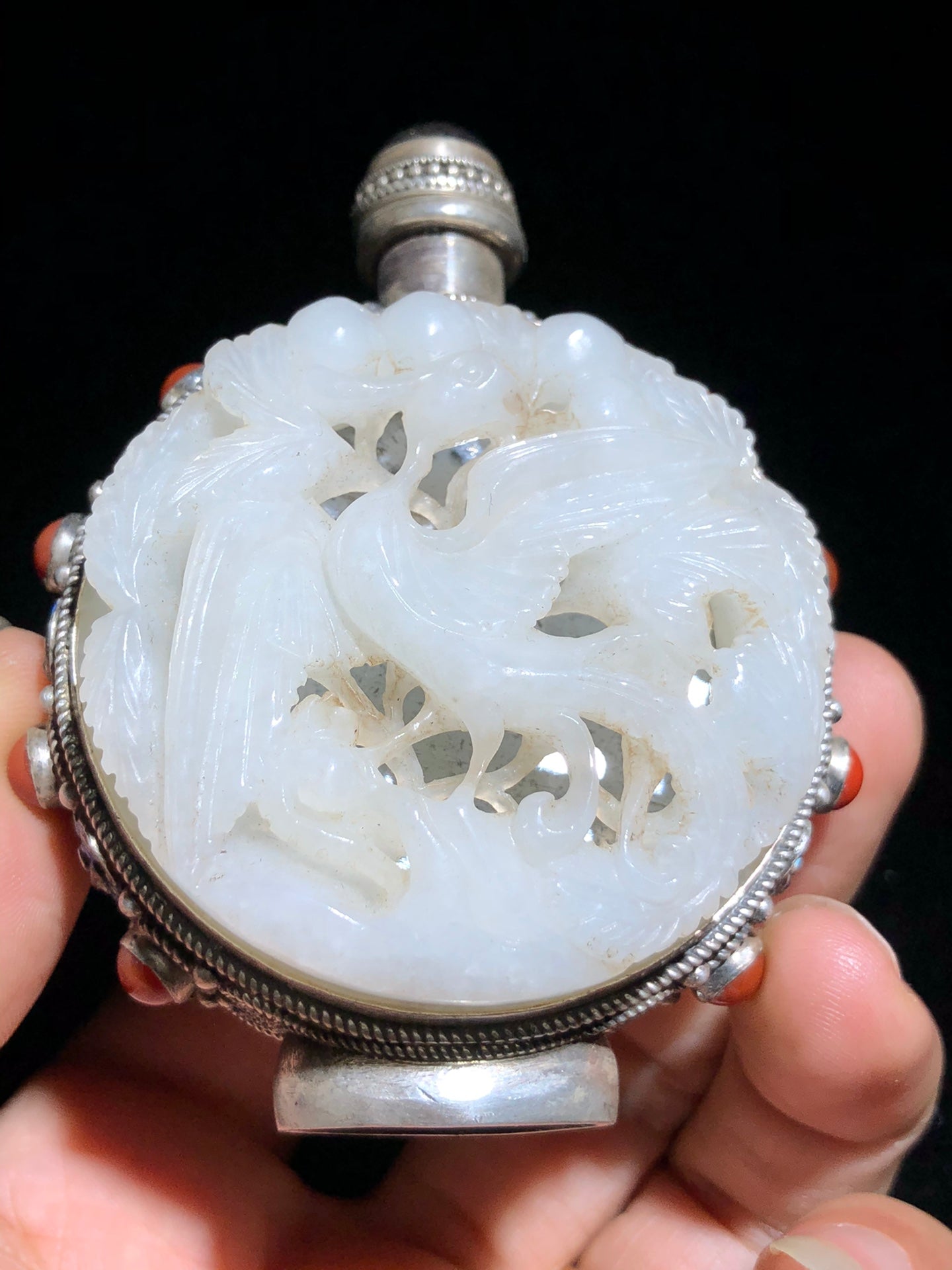 A0549 Old Chinese Pure Silver Inlay Hetian Jade & Gem Dragon Phoenix Snuff Bottle