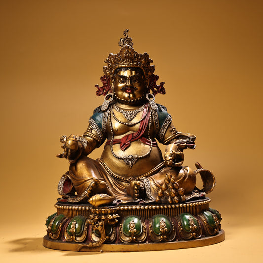 A0552 Tibetan Buddhism Colored Drawing Gilt Gold Copper Yellow Jambhala Statue