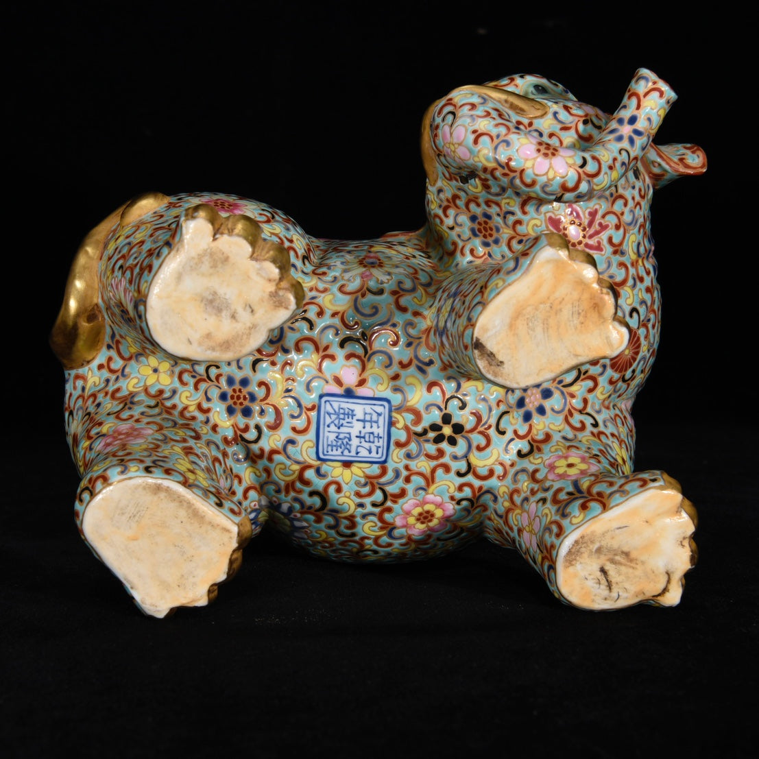 A0562 Superb Chinese Gilt Gold Famille Rose Enamel Fortune Elephant & Kid Porcelain Statue