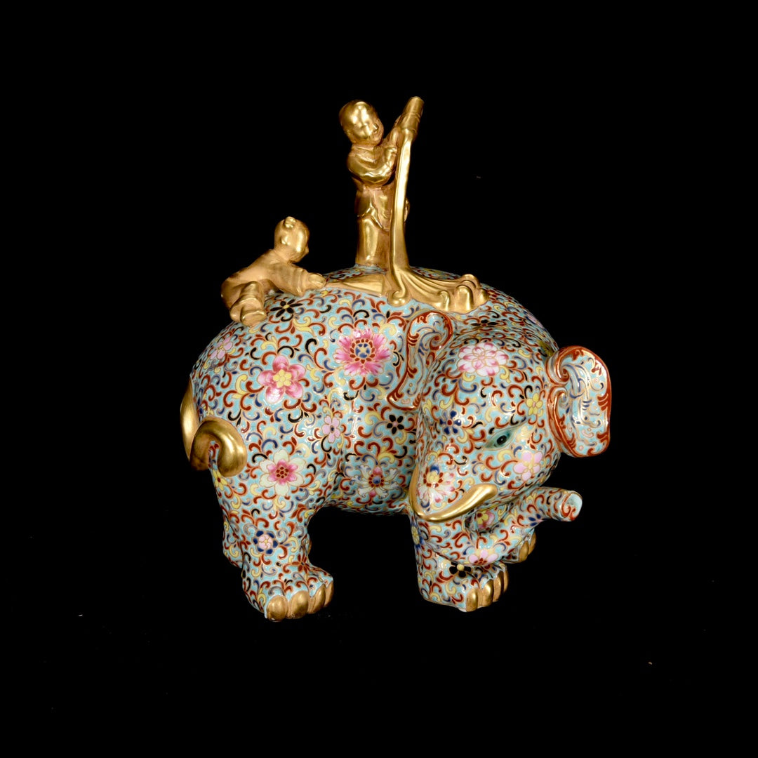A0562 Superb Chinese Gilt Gold Famille Rose Enamel Fortune Elephant & Kid Porcelain Statue