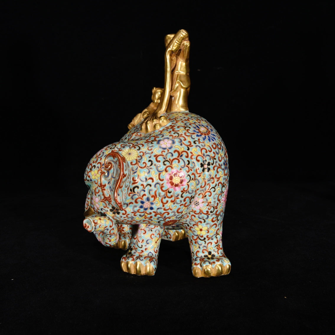 A0562 Superb Chinese Gilt Gold Famille Rose Enamel Fortune Elephant & Kid Porcelain Statue