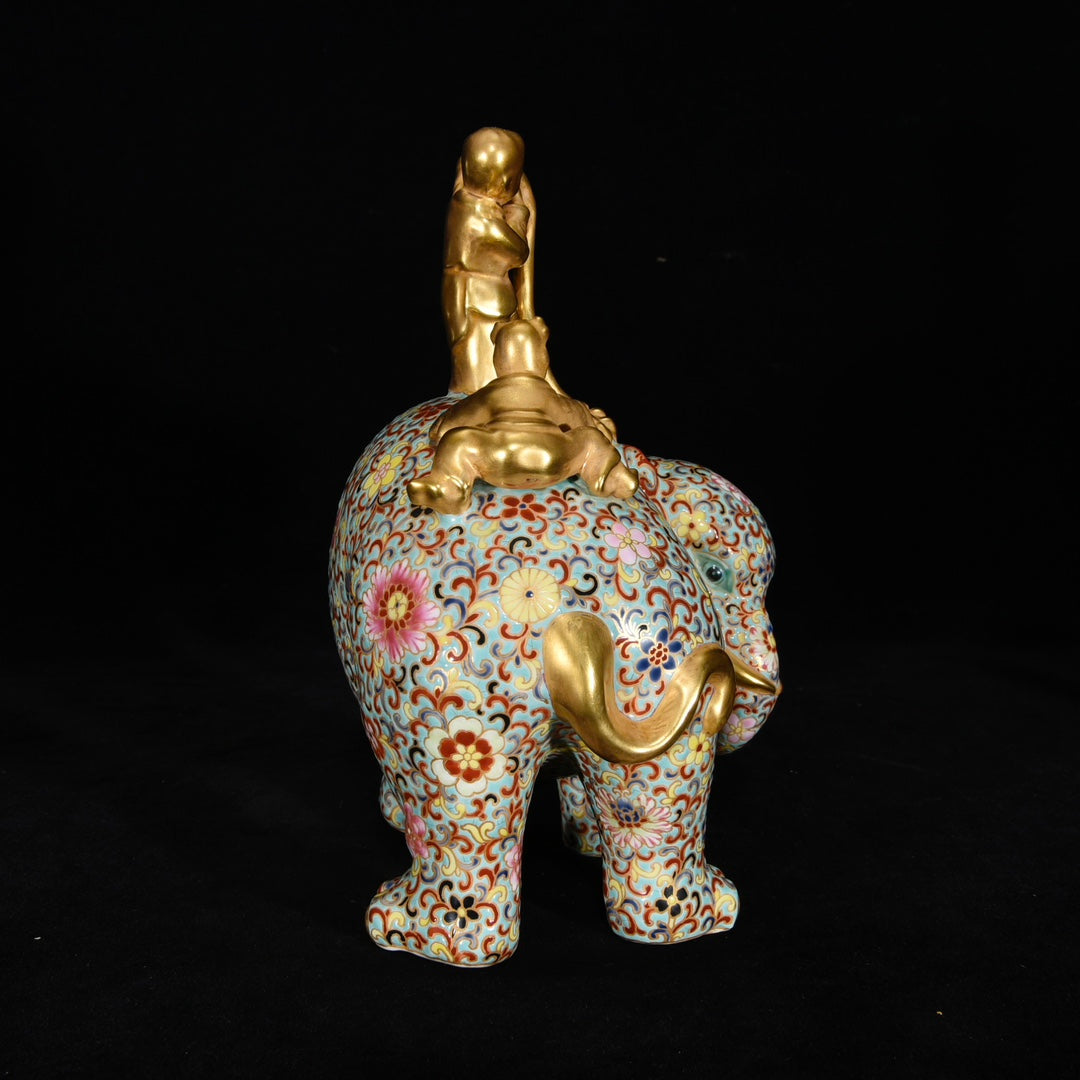 A0562 Superb Chinese Gilt Gold Famille Rose Enamel Fortune Elephant & Kid Porcelain Statue