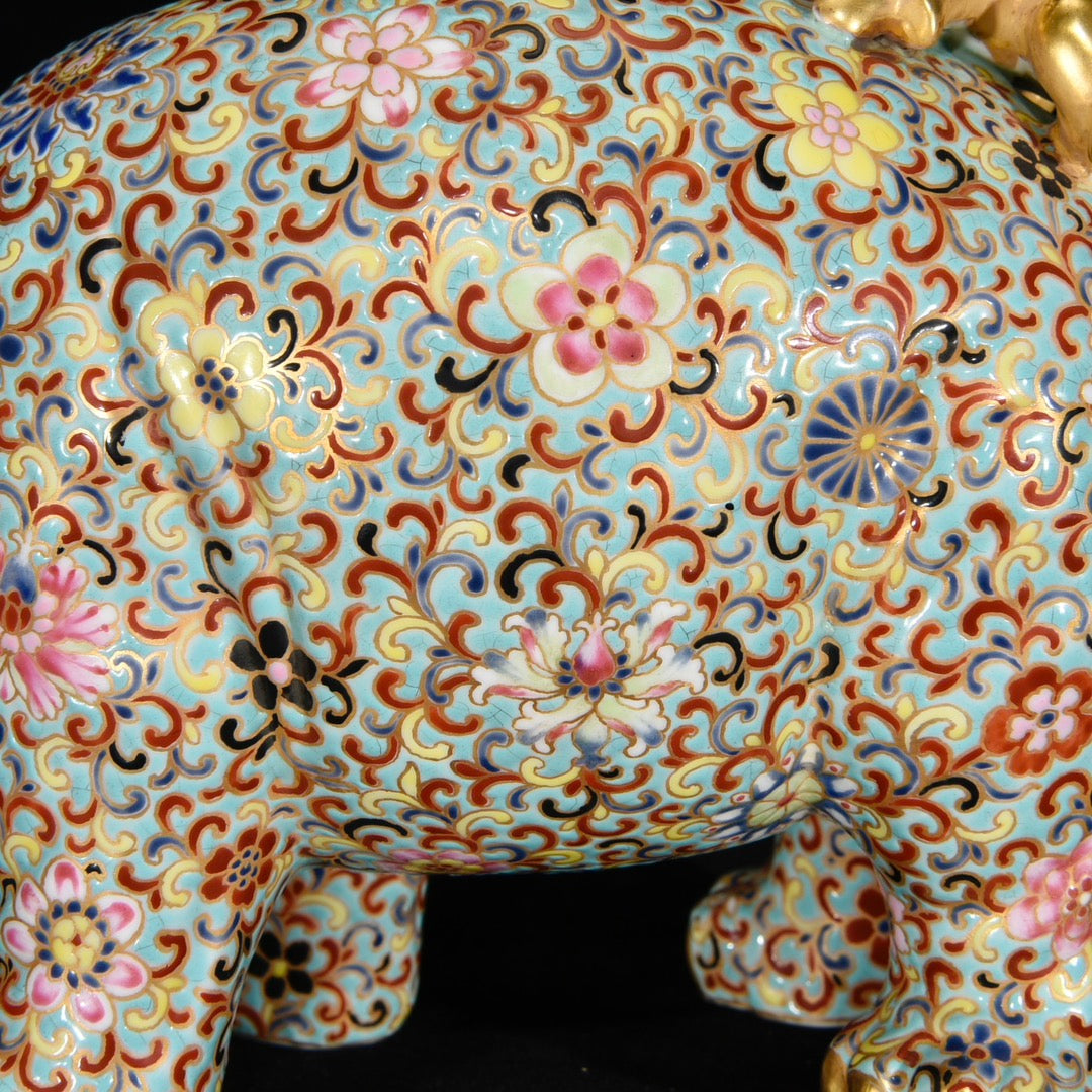 A0562 Superb Chinese Gilt Gold Famille Rose Enamel Fortune Elephant & Kid Porcelain Statue