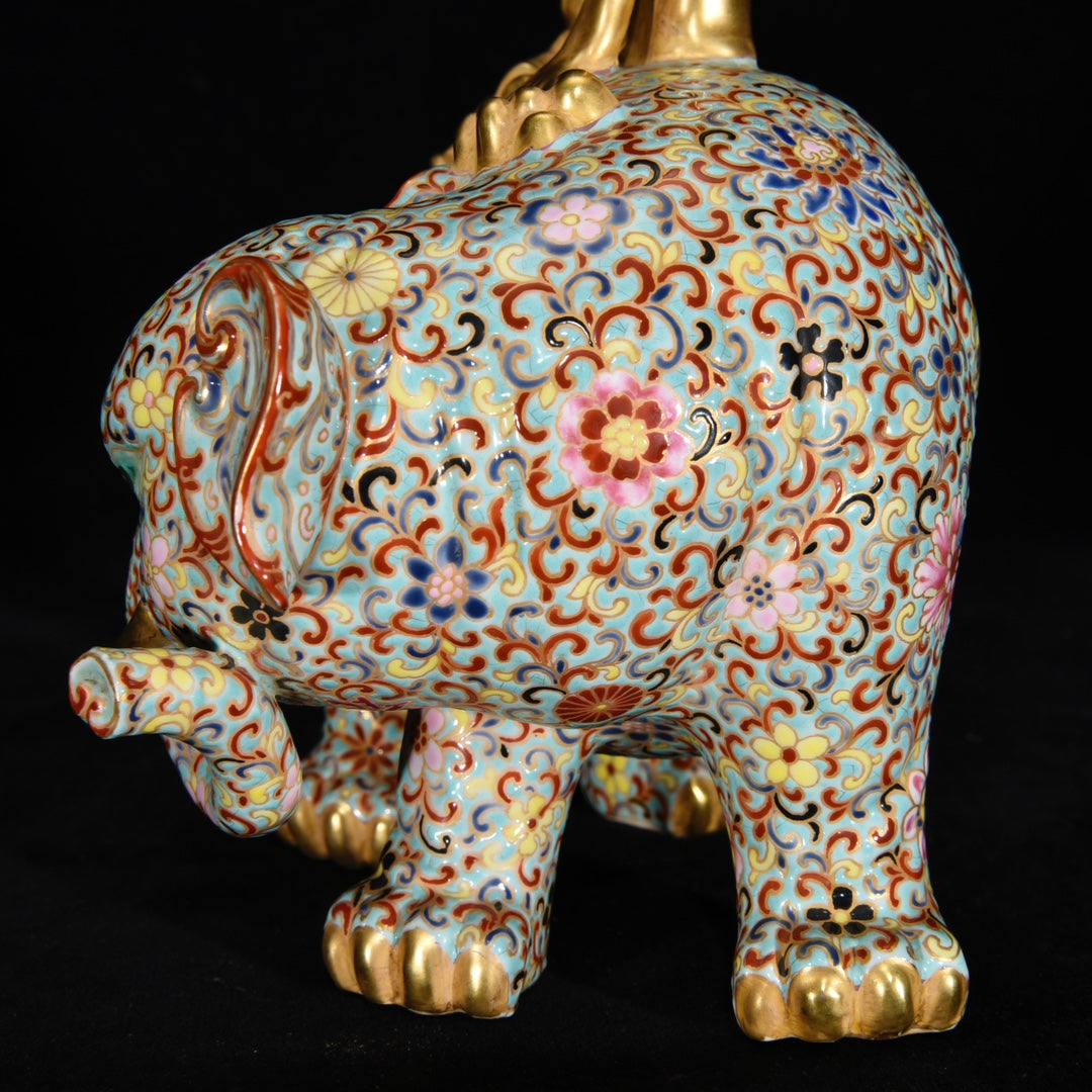 A0562 Superb Chinese Gilt Gold Famille Rose Enamel Fortune Elephant & Kid Porcelain Statue
