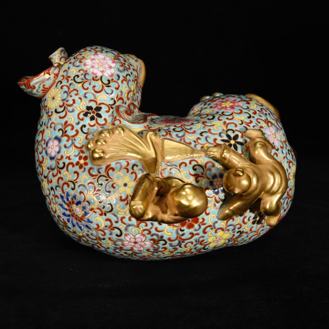 A0562 Superb Chinese Gilt Gold Famille Rose Enamel Fortune Elephant & Kid Porcelain Statue