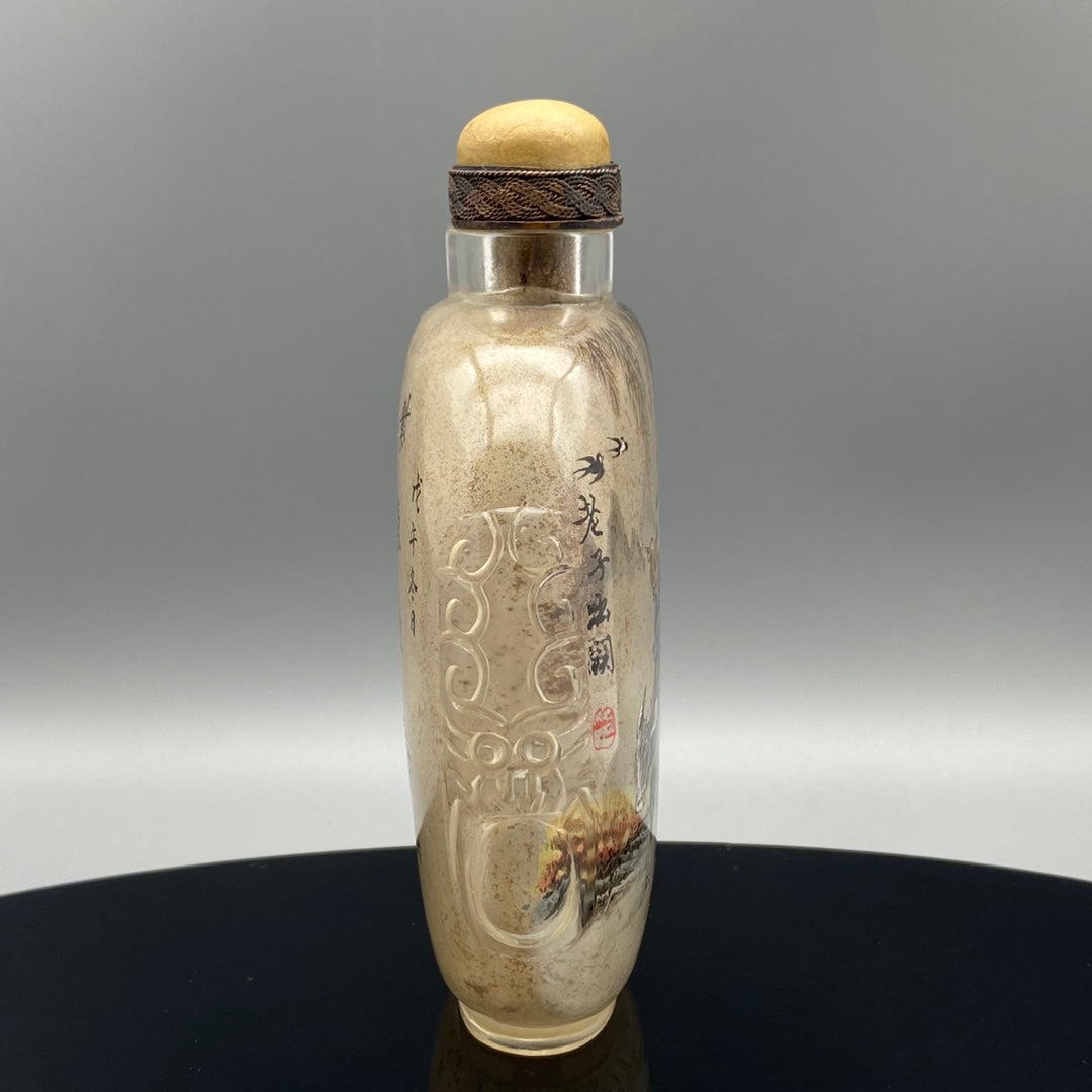 A0565 Old Chinese Peking Glass Inside Painting Sagen Design Snuff Bottle w Stopper