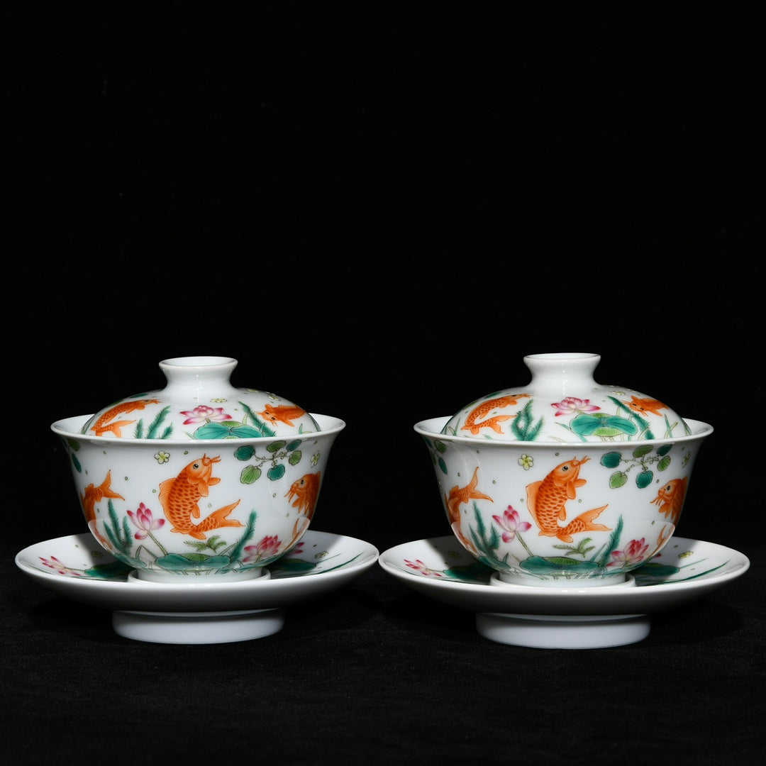 A0570 A Pair Chinese Famille Rose Enamel Carp & Lotus Flower & Lotus Leaf Design Porcelain Teabowl w Saucer