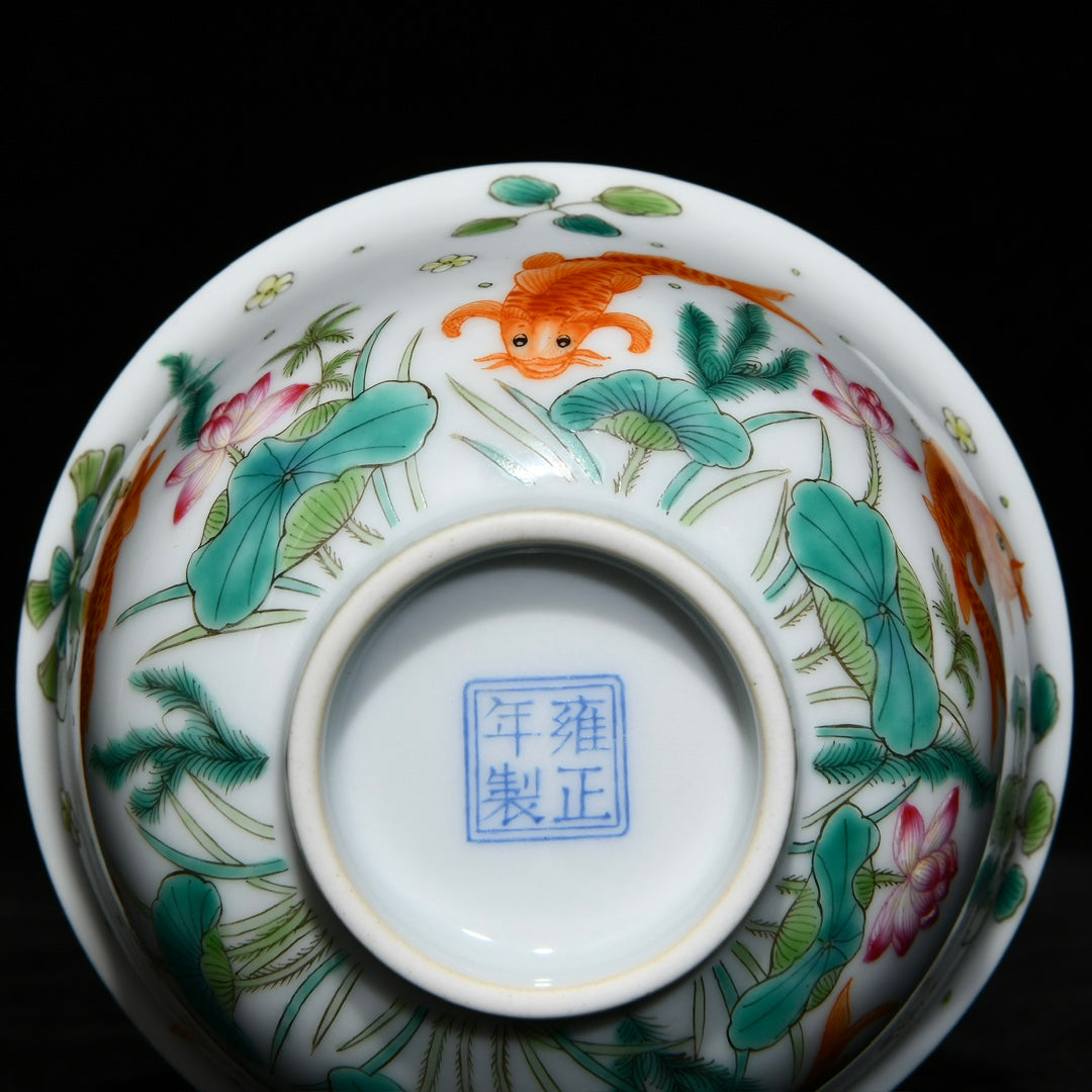 A0570 A Pair Chinese Famille Rose Enamel Carp & Lotus Flower & Lotus Leaf Design Porcelain Teabowl w Saucer
