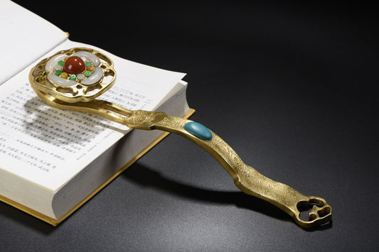 A0580 Vintage Chinese Gilt Gold Copper Inlay Jade & Agate & Turquoise Ruyi Scepter Statue