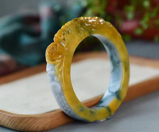 A0586 Inside Diameter 58mm Exquisite Jadeite Carved Phoenix & Peony Bracelet