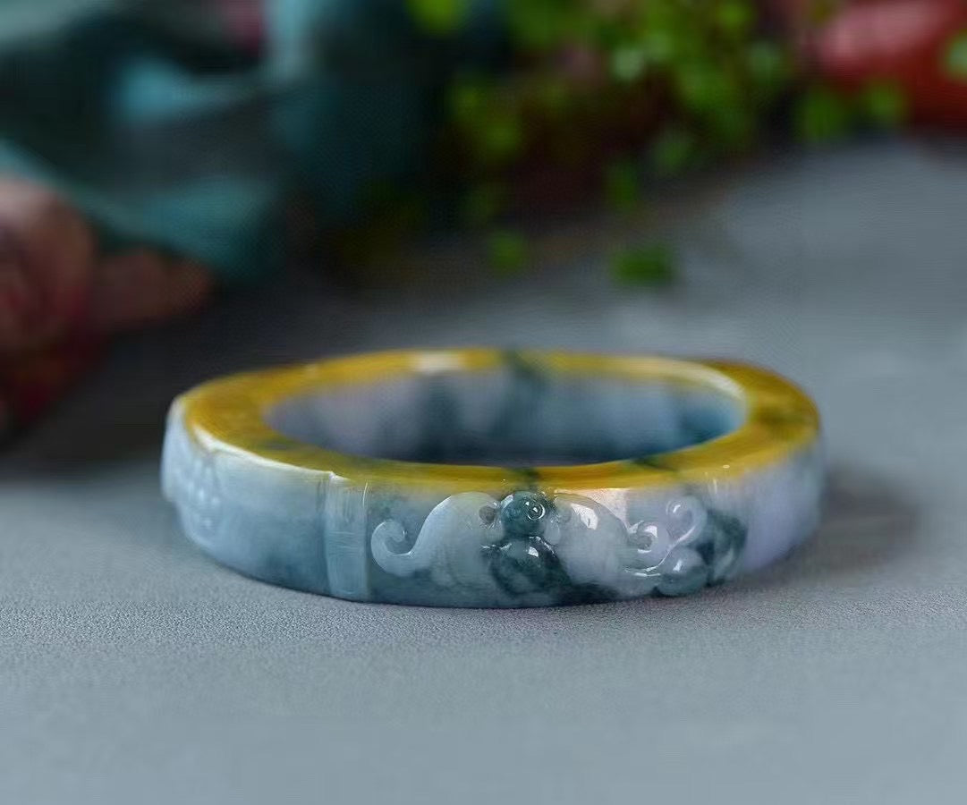 A0586 Inside Diameter 58mm Exquisite Jadeite Carved Phoenix & Peony Bracelet