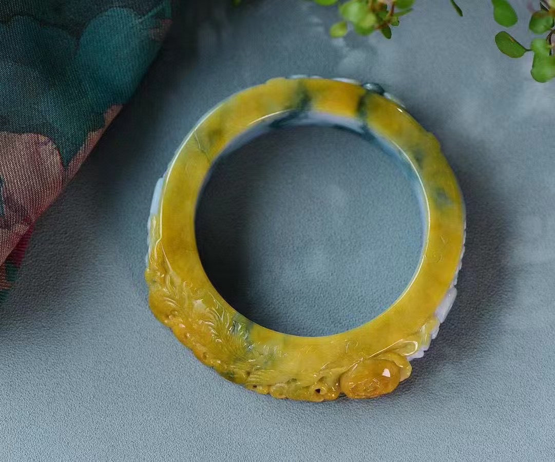 A0586 Inside Diameter 58mm Exquisite Jadeite Carved Phoenix & Peony Bracelet