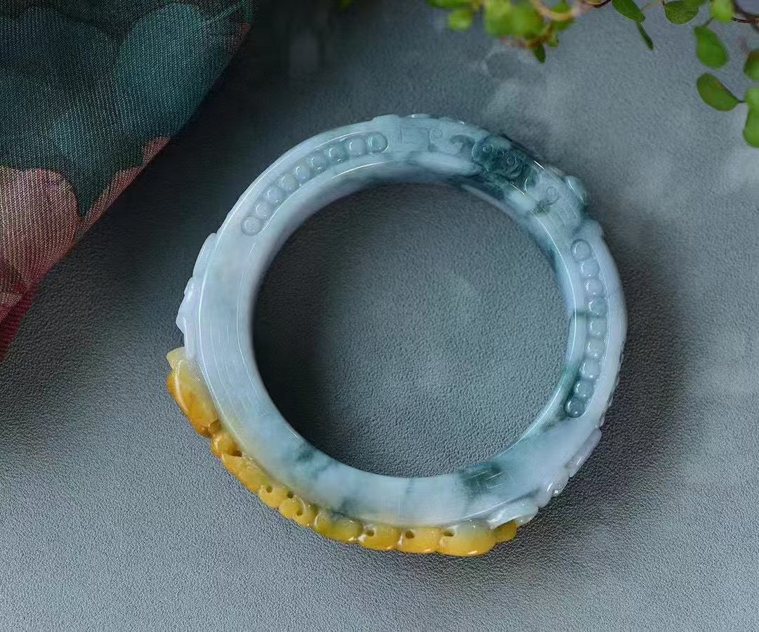 A0586 Inside Diameter 58mm Exquisite Jadeite Carved Phoenix & Peony Bracelet