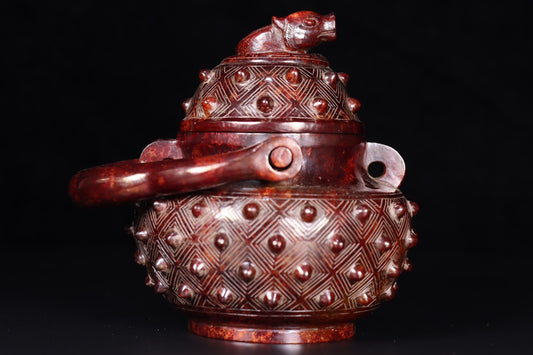 A0587 Vintage Chinese Hetian Jade Handle Pot w Lid