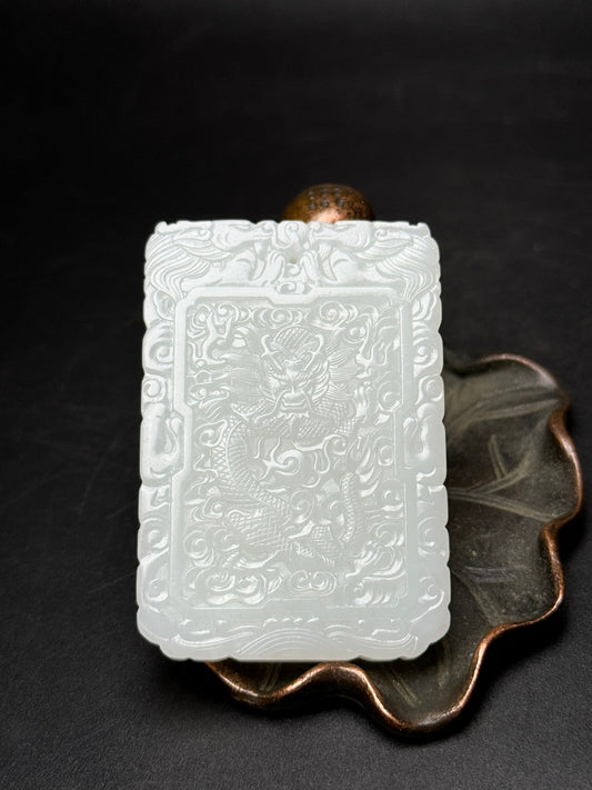 A0588 Chinese Natural Hetian Jade Low Relief Fortune Dragon Pendant