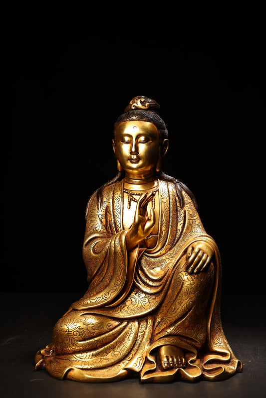 A0589 Tibetan Buddhism Gilt Gold Copper Kwan-yin Statue