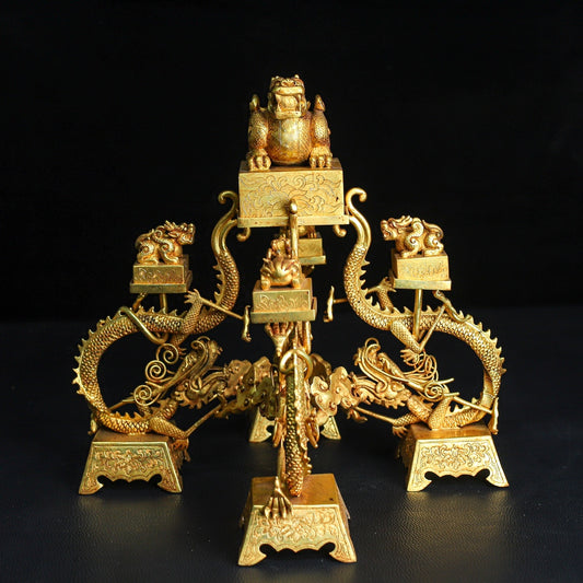 A0593 A Set Superb Vintage Chinese Gilt Gold Copper Five Dragon Seal w Base