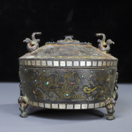 A0597 Vintage Chinese Silver Plated Gilt Gold Bronze Inlay Gems Phoenix Incense Burner